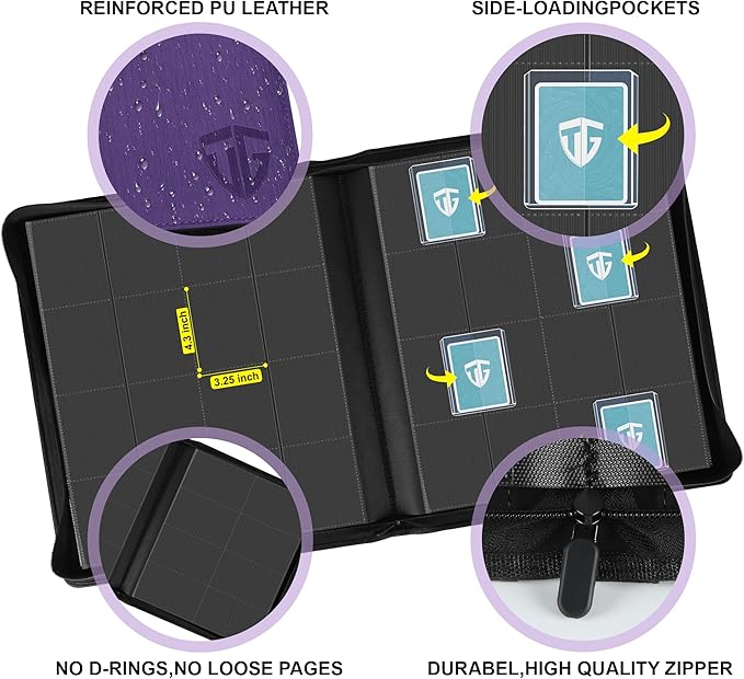 16 Pocket Toploader Binder,Holds 640 3”x4” Toploader Hard Cases,Sleeves Card Collection Binder,20 Double Sided Pages,Compatible with Trading & Sports Holder(Purple)