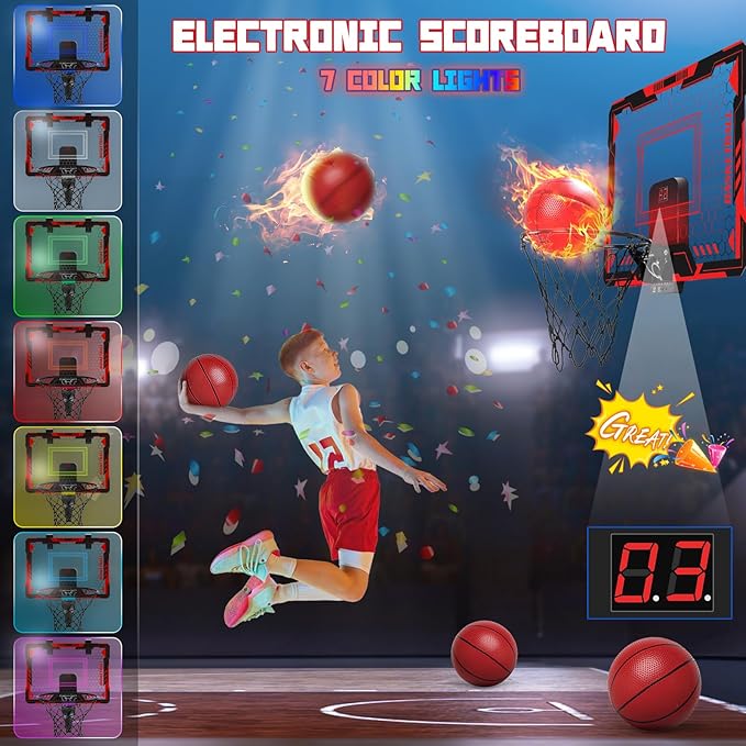 Remote Control Mini Basketball Hoop Indoor for Kids, Over Door Hoop Basketball with Electronic Scoreboard, Indoor Basketball Hoop with 4 Balls,Storage Clip&Bag,7 LED Light Toy Gift for Boy Girl 3+,Red
