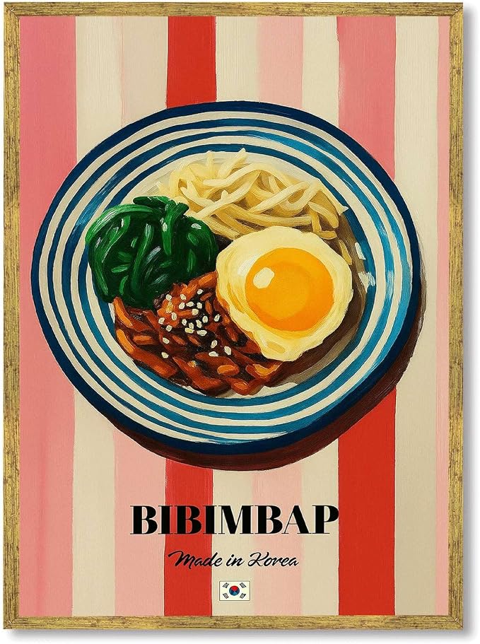 Bibimbap Poster Canvas Print Art Print Modern Korean Food Painting Trendy Kitchen Wall Art Home Decor Wall Decoration for Living Room Bar Apartment Pictures (Wood Framed,12L x 16W)