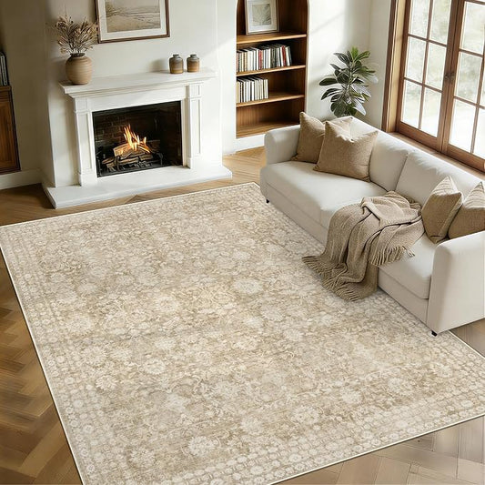 5x7 Area Rugs for Living Room: Washable Vintage Floral Rug Low Pile Non-Slip Boho Carpet for Nursery Bedroom Dining Room (Brown, 5'x7')