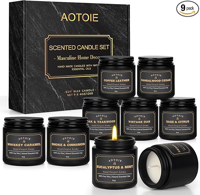Mens Scented Candle Gift Set, 9 Pack Candles for Men, 36 oz Soy Candle, 200+ Hours Burn Time, Aromatherapy Gifts for Men, Boyfriend, Husband for Christmas, Valentines Day, Father’s Day, Birthday