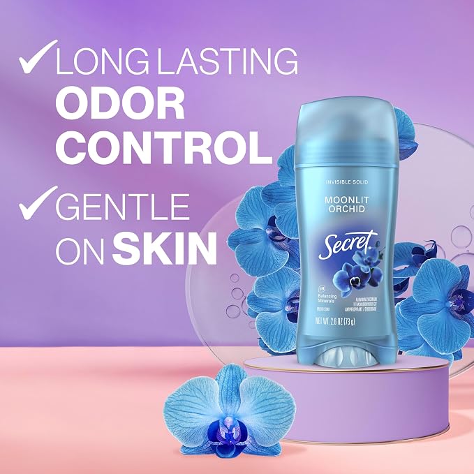 Secret Fresh Antiperspirant Deodorant for Women, 72hr Breathable Sweat & Odor Protection, Instant Freshness & Gentle, PH Balancing Minerals, Invisible Solid, Moonlight Orchid Scent, 2.6 oz,(Pack of 2)