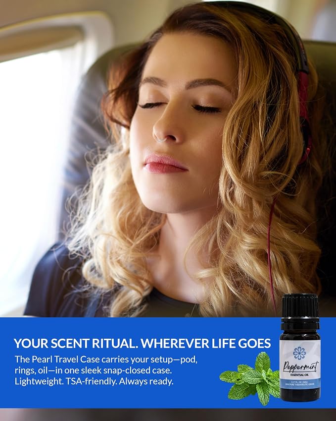 Essence Pearl Travel Case | Peppermint Essential Oil | Aromatherapy Nasal Diffuser & Essential Oil Carrying Case | Invigorating Peppermint Scent| Travel-Friendly Kit | White Pod