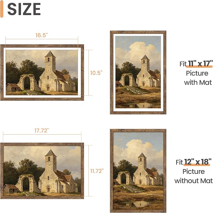 upsimples 12x18 Frame, Display Pictures 11x17 with Mat or 12 x 18 Without, Wall Hanging Poster Frames, Rustic Brown, 1 Pack