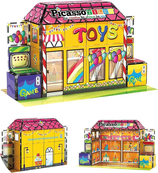 PicassoTiles 60pc Magnetic Building Block Magnet Tile Toy Shop Theme Pretend Play Construction Kit Reconfigurable Printed Structure Double-Sided Printing Education STEM Learning Playset Ages 3+ PTQ50
