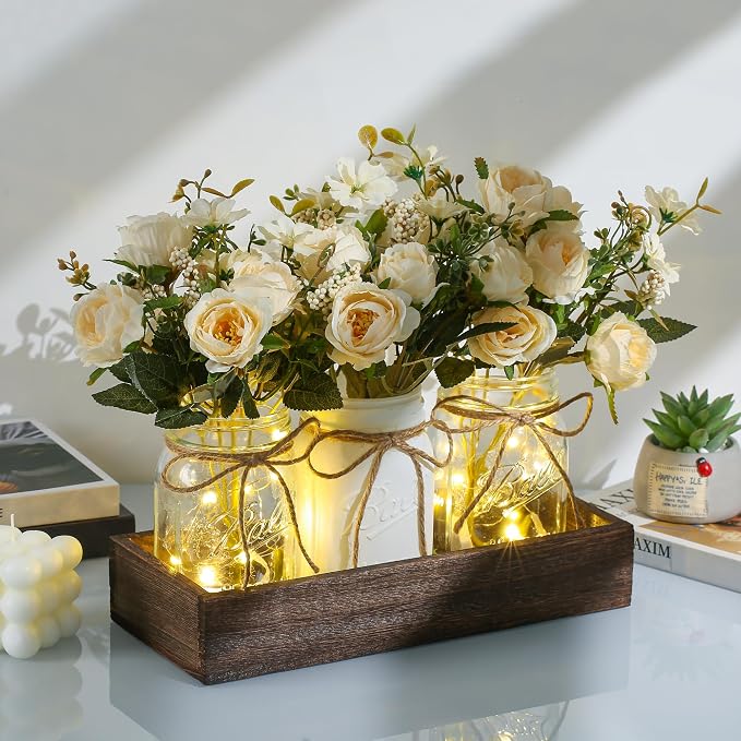 Centerpieces for Tables Coffee Table Centerpiece Decor with Wood Tray for Kitchen Decor Home Living Room Decor Rustic Farmhouse Decor,White