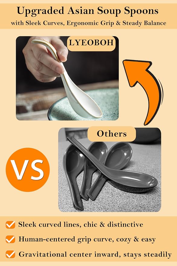 LYEOBOH Asian Soup Spoons, 6.5 inch Ceramic Soup Spoon Set of 6, Dinner Spoons with Deep Hook for Home, Kitchen, Dishwasher & Microwave Safe, Farmhouse Style, Beige