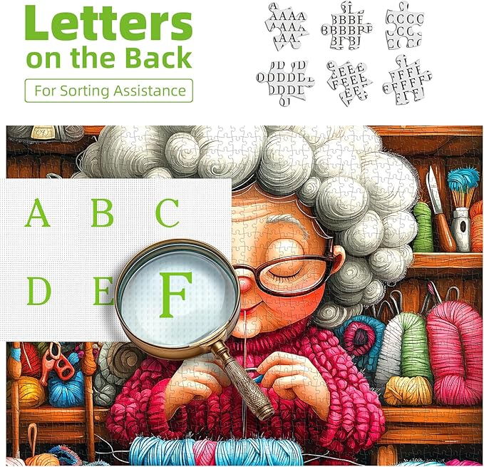 Funny Knitting Grandma Puzzles for Adults 500 Pieces Cozy Craft Room Colorful Yarn Sewing Machine Jigsaw Puzzle with Letters on Back Whimsical Cartoon Challenging Puzzles for Family Game Night