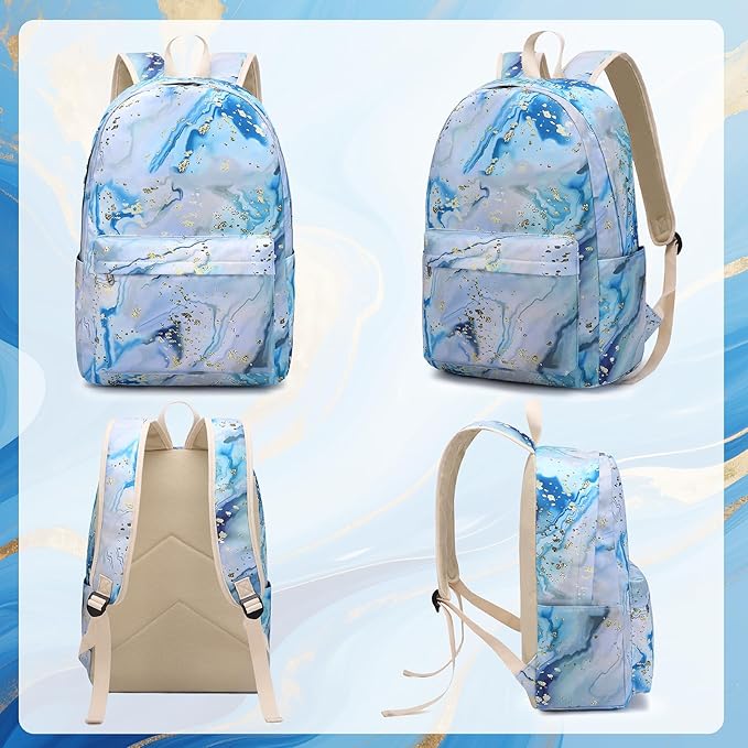 Bluboon Teen Girls School Backpack Kids Bookbag Set with Lunch Box Pencil Case Travel Laptop Backpack Casual Daypacks (Blue-white)