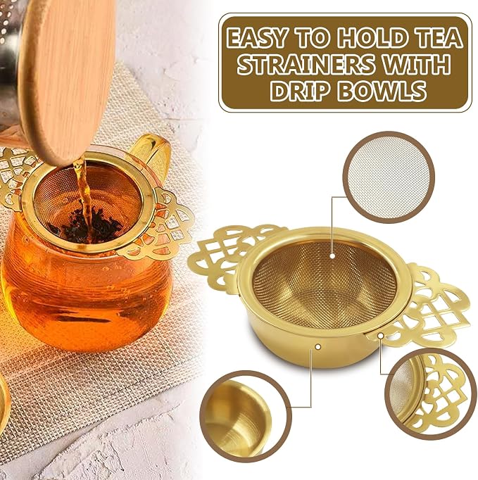 4 Pack Fine Mesh Tea Strainers with Drip Bowls, Stainless Steel Loose Leaf Tea Filter, Double Wing Handles for Mugs & Cups 2.5-4 Inch Mouth, Gold