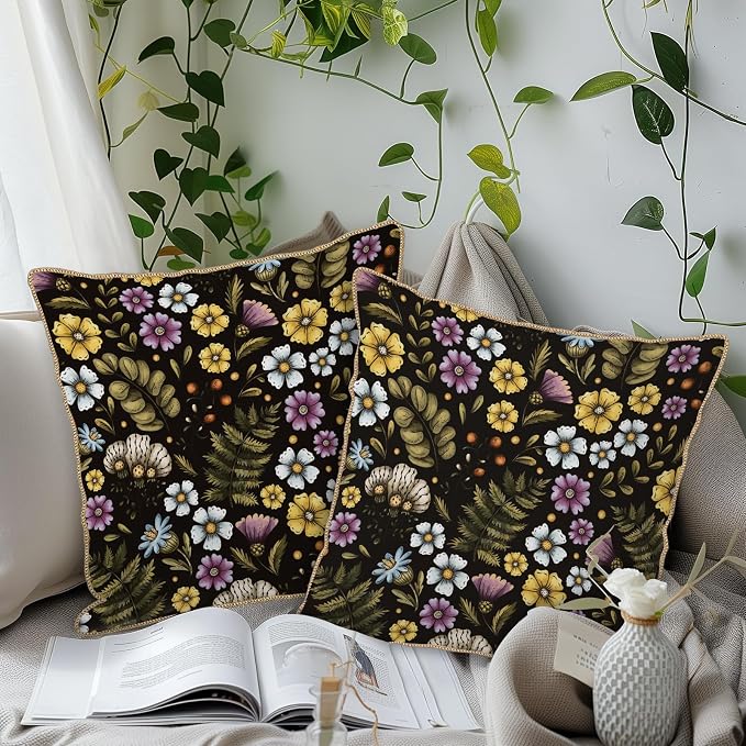 Blue Yellow Purple Floral Soft Velvet Throw Pillow Covers Set of 2 Plant Botanical Flowers Decorative Pillow Covers 16x16 In Vintage Black Pillow Case For Sofa Couch Living Room Farmhouse Home Decor