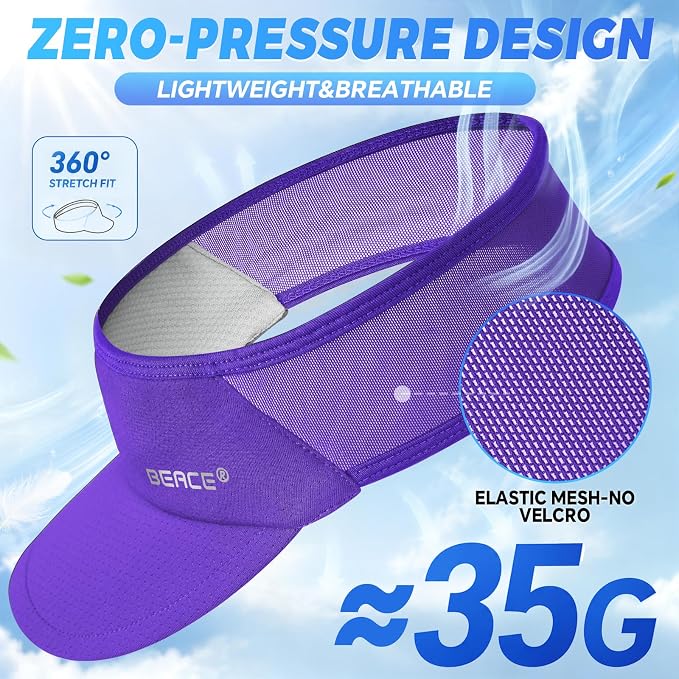 BEACE Sun Visor Hat Women Men-Sports Lightweight Wicking Stretchy Sunvisor Cap for Golf Tennis Running Pickleball Beach