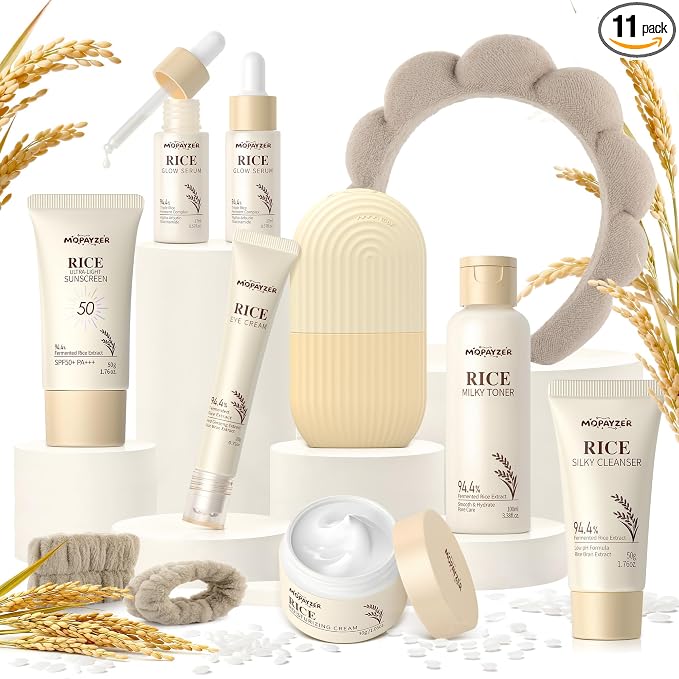11PCS Rice Skincare Set, Korean Skin Care Set for Women Teens Girls, Rice Cleanser Toner Dual Serum Face Cream Eye Cream Sunscreen with Ice Roller Headband Wristband, Hydrating Daily Face Care Kit