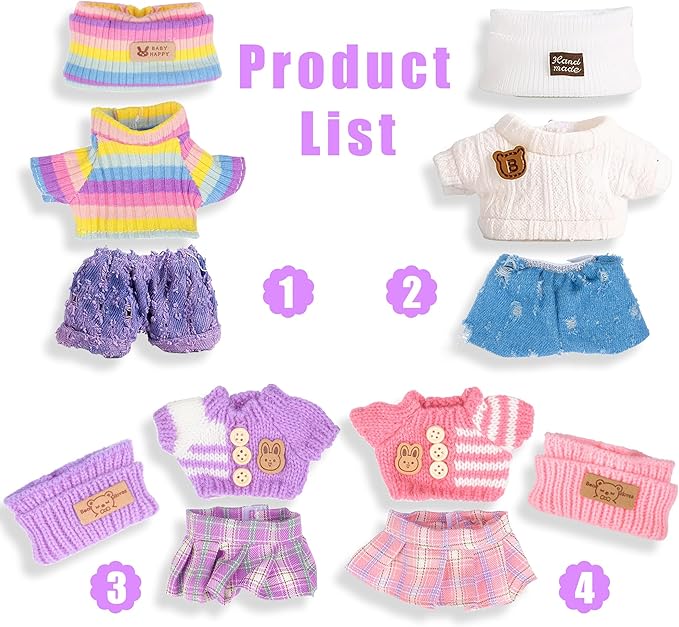 ebuddy 4 Sets Doll Clothes for 17cm Plush Doll-Knit Outfit Set Sweater Collection(Doll and Glasses Not Included) (4 Outfits)