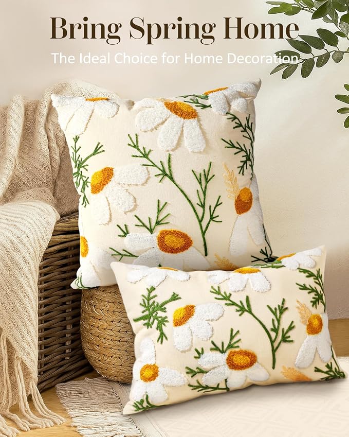 Embroidered Lumbar Pillow Cover - 20x12 Decorative Pillow Cover with Zipper Aesthetic Cute Design Boho Spring Summer Cozy Throw Pillowcase for Living Room Couch Sofa Bed, Daisy