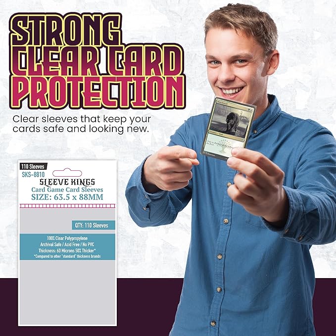 Sleeve Kings Standard Card Sleeves – 110 Count, Clear 60 Micron Thickness, Medium MTG Size (63.5 x 88 mm), Compatible with Magic: The Gathering & More – SKU: SKS-8810