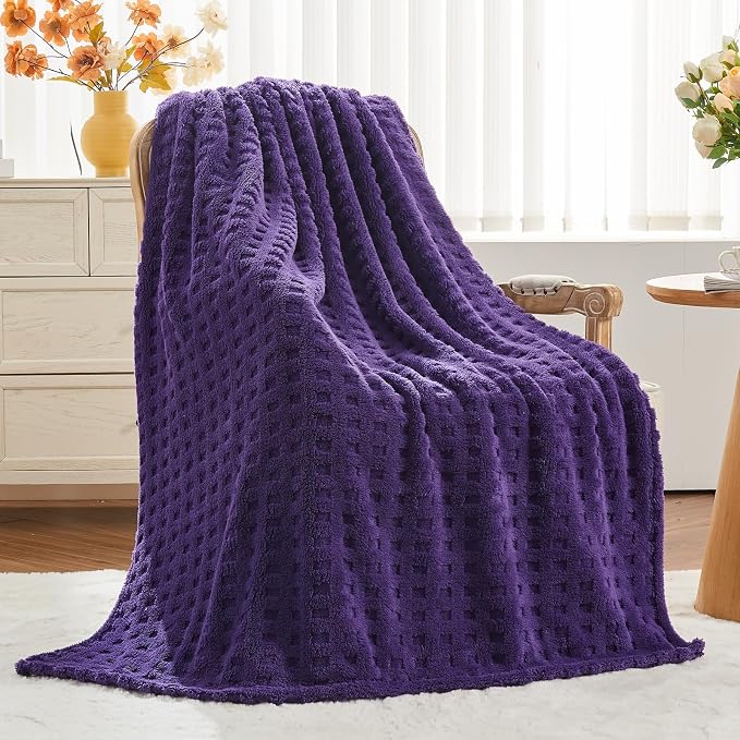 NEWCOSPLAY 3D Waffle Checkered Flannel Twin Blanket, Dark Purple, 60"x80" | Super Soft Cute Lightweight Decorative Premium Silky Fleece Blanket for Couch Sofa Bed, Gift for Women Men, All Season Use