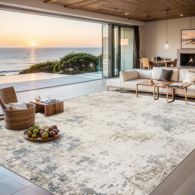 Area Rugs 9x12 Living Room - Washable Rug Modern Abstract Soft Large Neutral Non-Slip Carpet Indoor Floor Stain Resistant Thin Carpets for Bedroom Dining Room Farmhouse Nursery Home Office Multi
