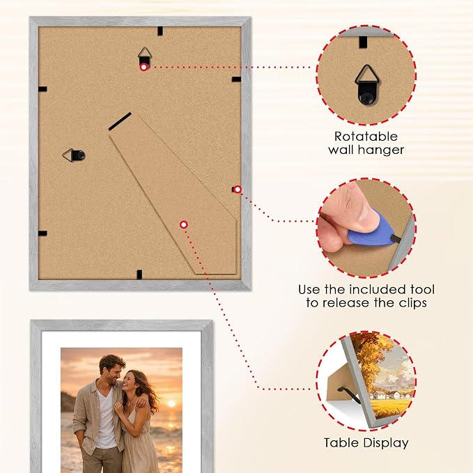 FIXSMITH 8x10 Picture Frame 2 Pack, Marble Gray Photo Frame with HD Plexiglass, Display Pictures 5x7 with Mat or 8x10 Without Mat, Marble Gray Multi Picture Frames Collage for Tabletop or Wall Display