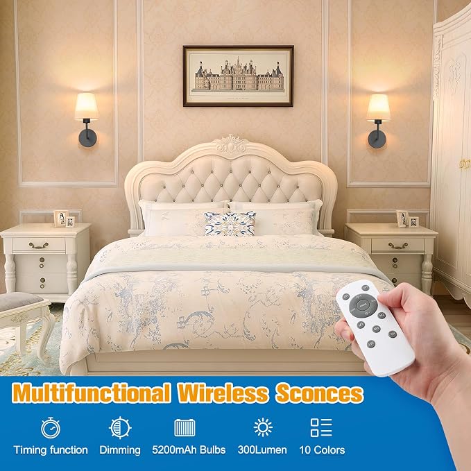 13.8 inch Battery Operated Wall Sconce Set of 2,Black Rechargeable Wall Lights with 10400mAh Dimmable Detachable Bulbs and Remote,9 Colors Wireless Sconces for Bedroom Living Room Hallway