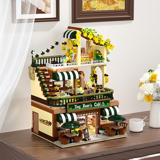 City Coffee House Building Set with Light, 1173 PCS Cafe Shop Building Block Toy with Ordering Counter Baking Room, Architecture Construction Model for Adults Teens Kids Boys Girls Ages 6-12+