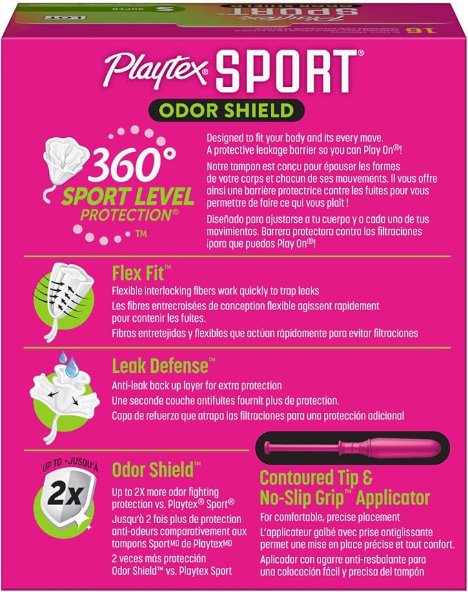 Playtex Sport Odor Shield Tampons Super Absorbency, Unscented - 16ct | Super Tampons for Women, Feminine Care, Playtex Tampon with 360 Leak Defense and Odor Control