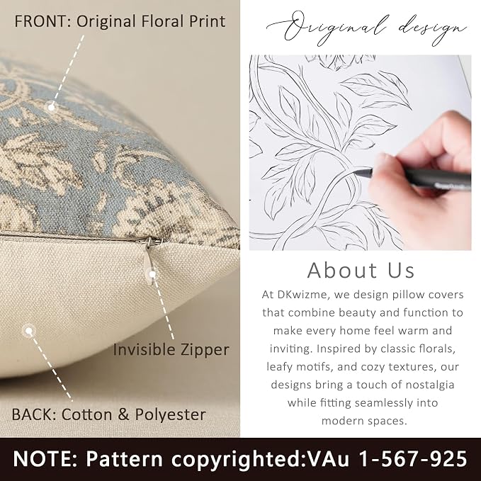 Vintage Floral Print Throw Pillow Covers 18x18 Set of 2 Neutral Modern Farmhouse Pillowcases Accent Decorative Cushion Covers Boho Home Decor for Couch Sofa Chair Bed Living Room, Sky Blue