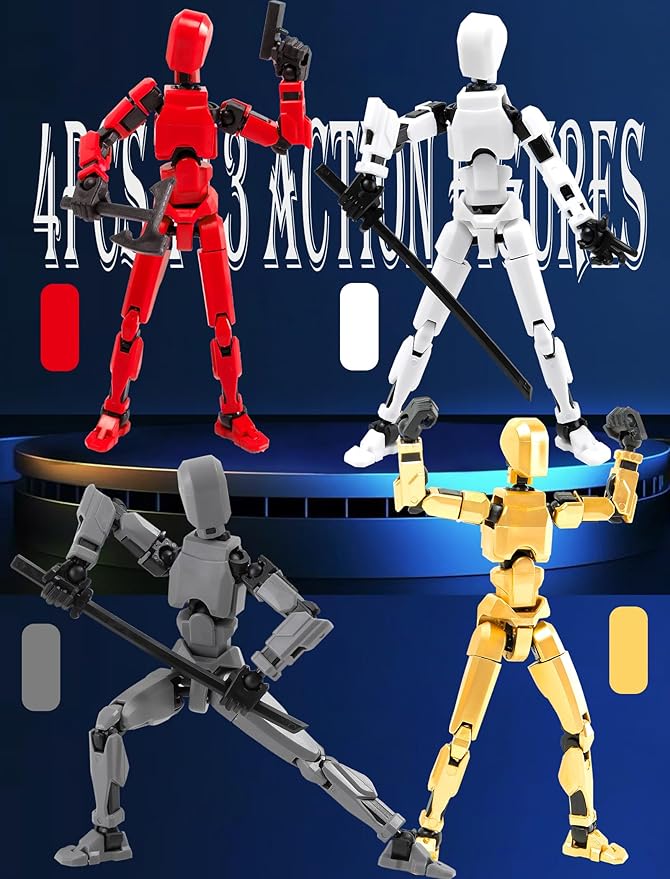 4PCS Assembled Titan T-13 Action Figures Set Lucky Dummy Nova 13 Action Figure Robot Anime Stick Figures Fidget Toys for Boys Multi Movable Joints Gifts Toys for Kids (Golden+White+Grey+Red)