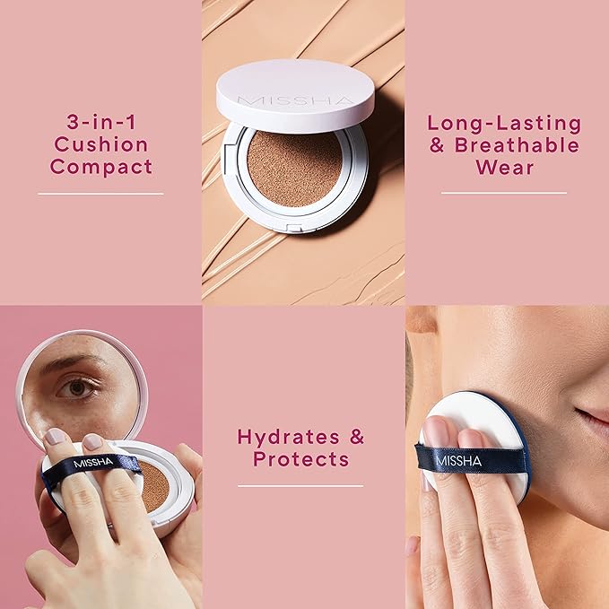 MISSHA Magic Cushion Foundation No.25 Warm beige for Light/Medium with Neutral Skin Tone, Flawless Coverage, Dewy Finish, Easy Application for All Skin Types