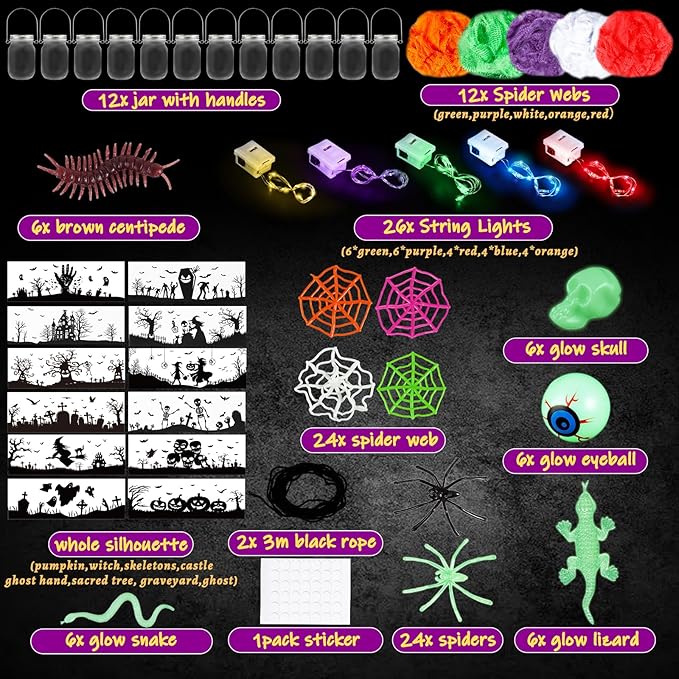 Halloween Crafts for Kids, 12 PCS Mason Jar with Accessories for DIY Craft & Art Party Favor Supplies, Halloween Decoration Trick or Treat, Classroom Art Activities