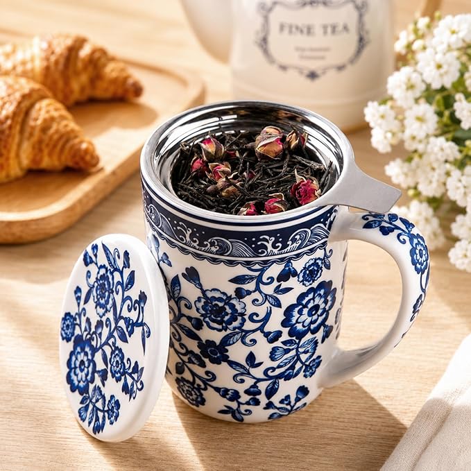 AmorArc Porcelain Tea Mug with Infuser and Lids, 18 Oz Coffee Cup Strainer with Bag Holder for Loose Leaf Tea, Steeping Coffee Mug for House-warming Wedding Birthday Gift