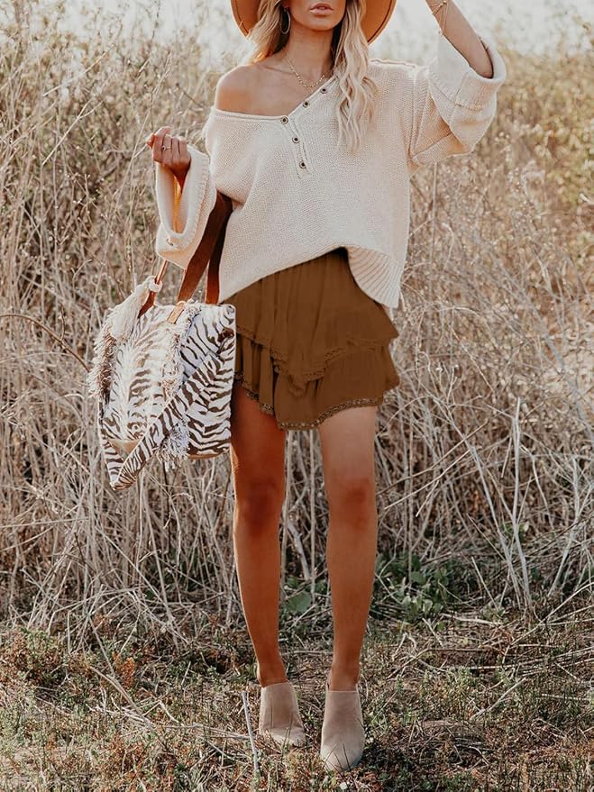 Flowy Shorts for Women Casual Boho Ruffle Tiered Skorts High Waist Mini Skirts Golf Tennis Crochet Shorts