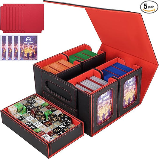 AFIING Commander Deck Box for MTG/EDH, Trading Card Storage Fits 400+ Double-Sleeved Cards, Display Window, 4 Removable Deck Cases, 8 Dividers, Dice Tray & Handle, 4 Toploader Holders (Black Red)
