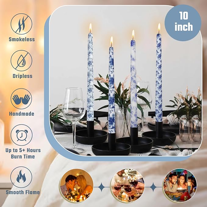 10 inche Floral Candle Sticks Printed Candlestick 4 Pack Blue and White Porcelain Unscented Taper Candle Long Blue Flower Tapered Candles for Home Dinner Wedding Holiday