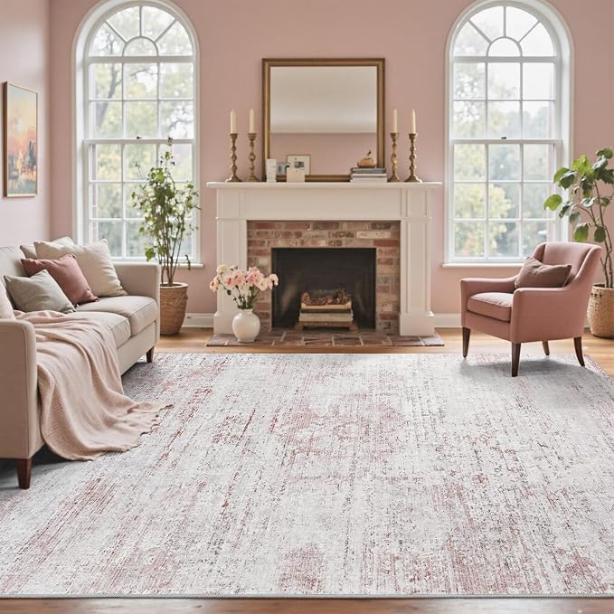 8x10 Ft Large Area Rugs for Living Room, Soft Non-Slip Washable Rugs Modern Abstract Pattern Carpet for Bedroom Indoor Floor Nursery Home Decor (Pink)