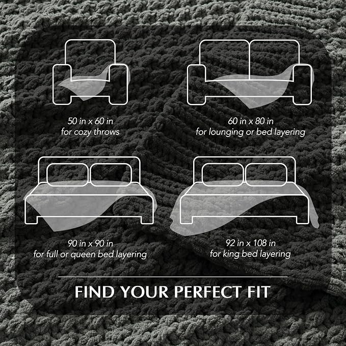 EVERGRACEHOME Chunky Chenille Knit Throw Blanket, 90 x 90, Charcoal Gray | Sculpted Moss Stitch, Chic Modern Farmhouse, All-Season Warmth, OEKO-TEX® Certified, Oversized Queen for Couch, Bed, Sofa