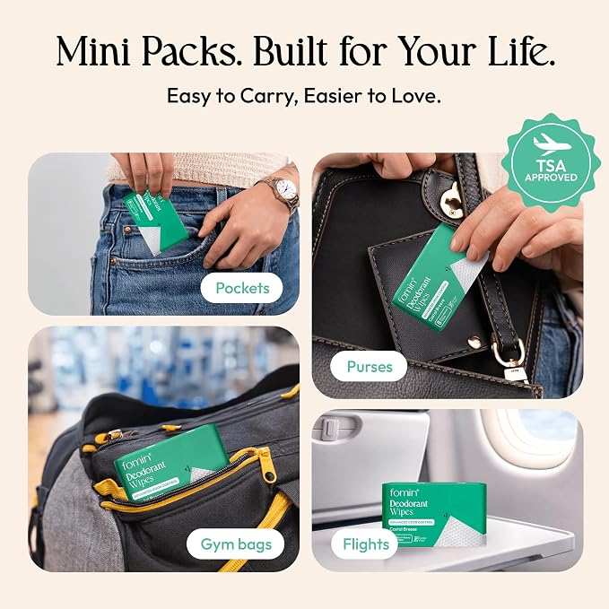 FOMIN Acidified Travel Deodorant Mini Wipes For Women & Men- Costal Breeze - 72 Count - pH Balanced, Biodegradeable Mini Deodorant Travel Size Wipes - Plastic-Free, Underarm Body Wipes