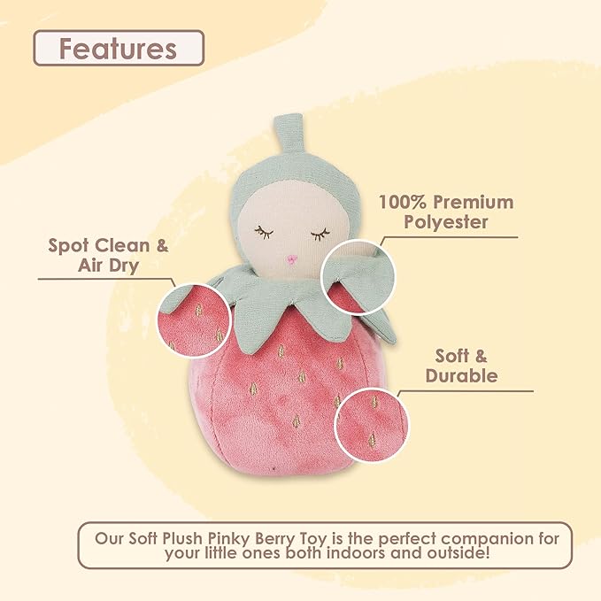 MON AMI Pinky Berry Soft Baby Rattle Toy – 7” Plush Stuffed Animal with Sound, Baby Rattle for Infants