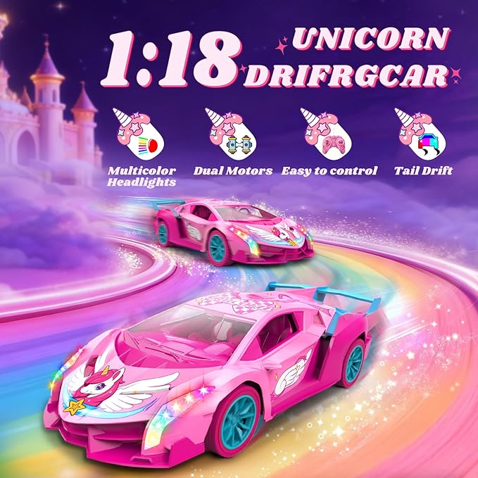 Unicorn RC Car for Girls, Rainbow Glow & Drift Wing Remote Control Car,2.4GHz RC Cars 1:18 Scale,Kids Toys Age 3 4 5 6 7 8 9 10 11 12,Girls Birthday Gifts,Christmas Basket Stuffers for Kids Age 3-12