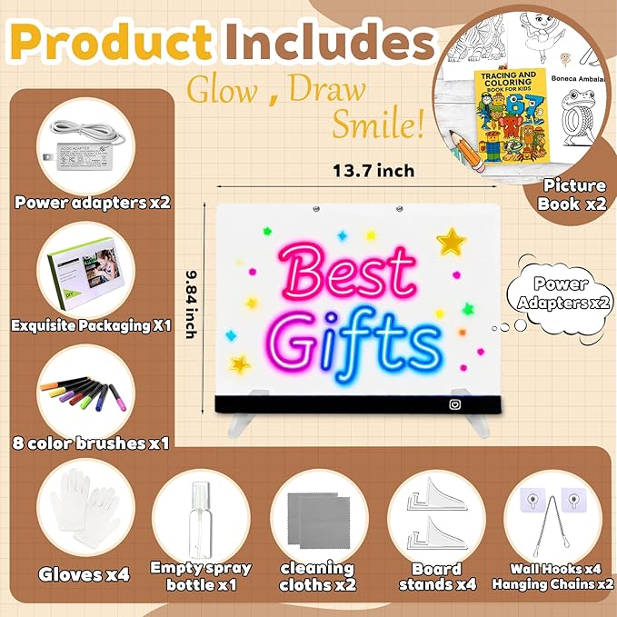 2026 2 Pack Battery Powered LED Drawing Board for Kids Ages 6+, 13.7" x 10" Light Up Dry Erase Boards with Colors, 7 Color Modes, Stand, Markers, Spray Bottle & Italian Brainrot Tracing Booklet