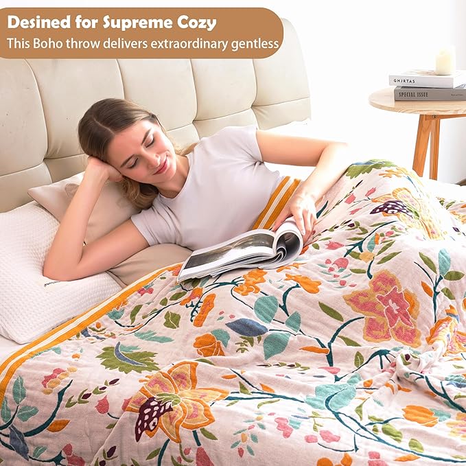 VANJOROY Boho Throw Blanket, 100% Organic Cotton Breathable Ultra Soft 80" x 90" Bed Quilt Throw - All Season Floral Rustic Farmhouse Decor Luxury Reversible Blanket for Sofa Couch Chair and Gift