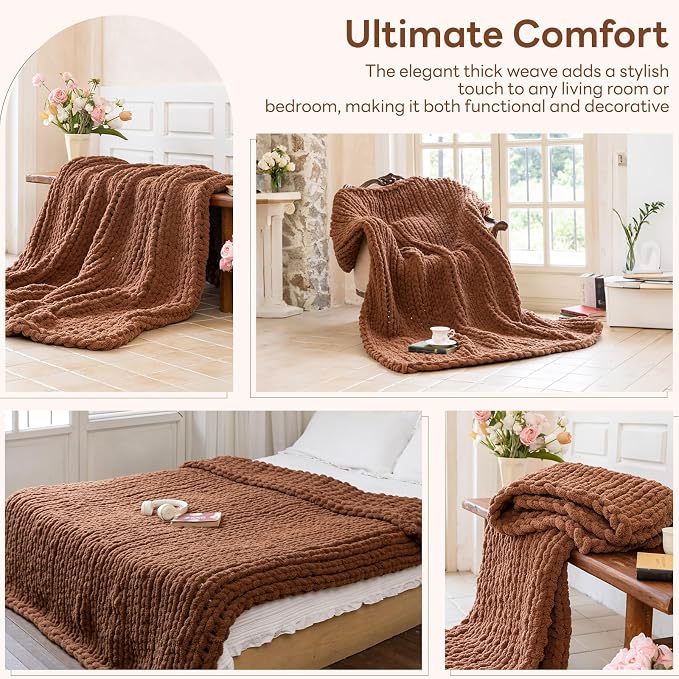 Chunky Knit Blanket - Luxury Soft Cozy 50 * 60 Throw Blanket,100% Woven Blanket Rope Knot Throw Blanket for Couch, Sofa, Home Decor, Gift - Machine Washable (Reddish-Brown, 50 * 60)