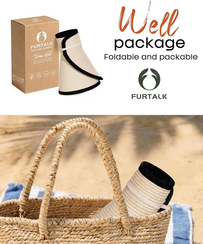 FURTALK Womens Sun Hat with Ponytail Hole Wide Brim Beach Straw Visor | Foldable & Packable for Beach Vacations, Adjustable Fit for Messy Buns, Detachable Windproof Strap, Sweat-Wicking Inner Band