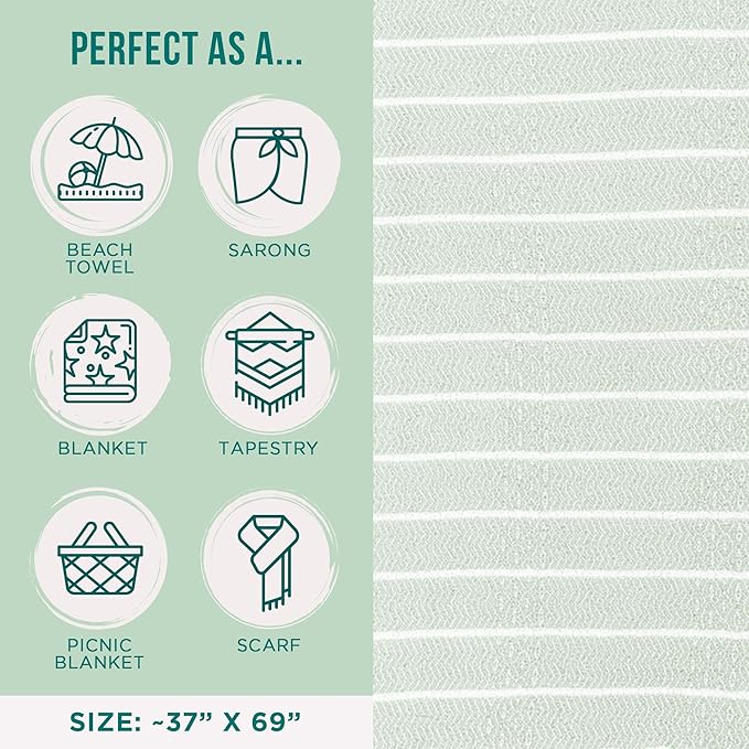 Sand Cloud Turkish Beach Towel - Sand Resistant - 100% Certified Organic Turkish Towel - Quick Dry Towel for Beach, Picnic, Blanket or Bath Towel - As Seen on Shark Tank - Gocek (Sage Green)