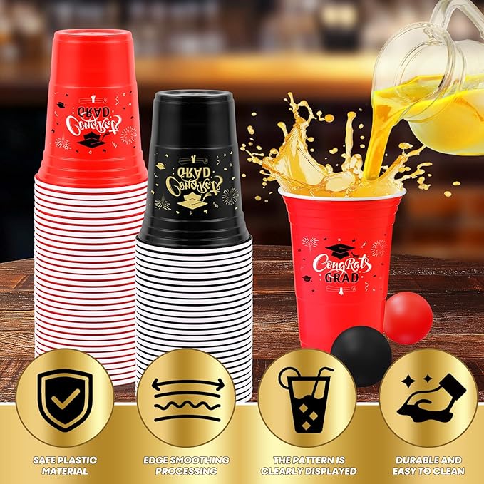 60PCS Pong Game Set, 16 Oz Disposable Plastic Party Cups for Cup Pong Games, College Parties & Graduation Celebrations - Red & Black