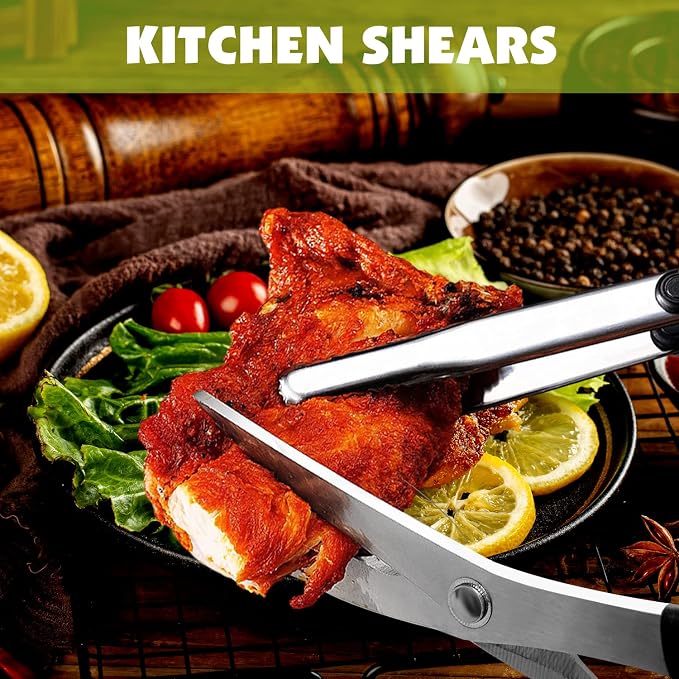 Kitchen Scissors, Korean Barbecue Sheras and Tongs Set,Kitchen Scissors for Meat Cutting, Chicken, Vegetables,Stainless Steel Non-slip Serrated Sharp BBQ Multipurpose Kitchen Sheras Tongs