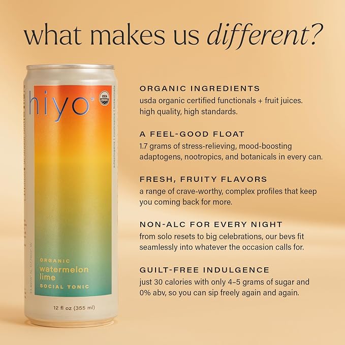 Hiyo Organic Social Tonic – Watermelon Lime, 12 Pack - Non-Alcoholic Functional Seltzer, Flavored Sparkling Water Crafted with Organic Adaptogens, Nootropics & Botanicals