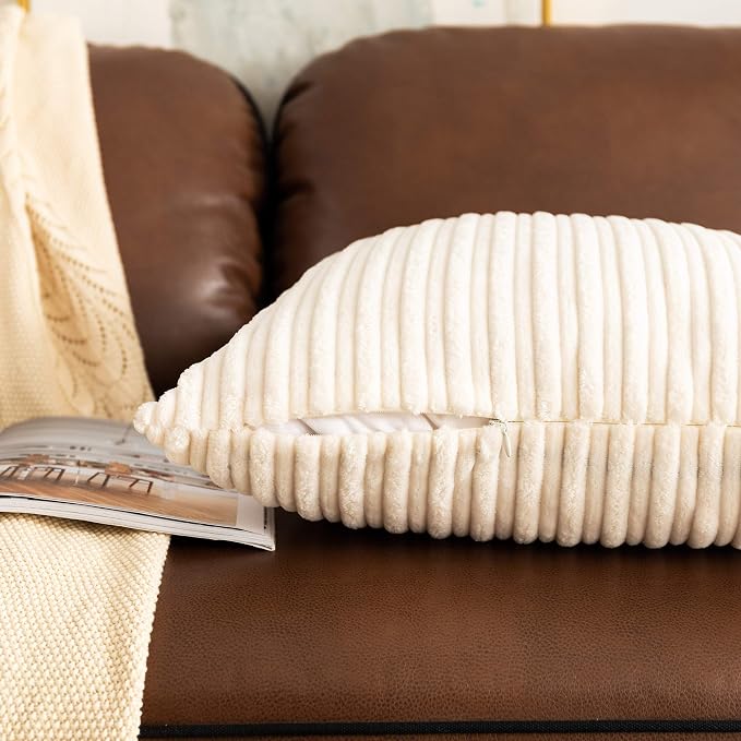 UGASA Corduroy Striped Soft Decorative Throw Pillow Covers Soild Square Set Cushion Cases Pillowcases for Sofa Bedroom, 2 Pcs, 16x16inch, Cream