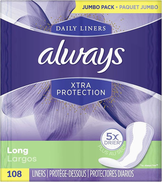 Always Xtra Protection Daily Liners, Long, 108 Count, Pack of 4 (Total 432 Count)