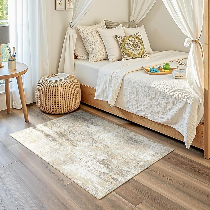 RELEANY Washable 3'x5' Abstract Area Rug for Living Room Neutral Brown | carpet for bedroom, kitchen, office, hallway and entryway, printed pattern, non-slip, soft, stain-resistant, easy to clean